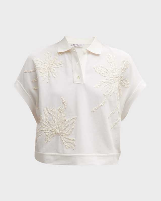 Floral Paillette Embroidered Cap-Sleeve Pique Polo Shirt